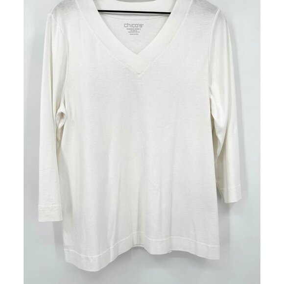 Chicos Pima Cotton Tee Top Women XL White V-neck 3/4 Sleeve Basic Neck NWT - Picture 3 of 9